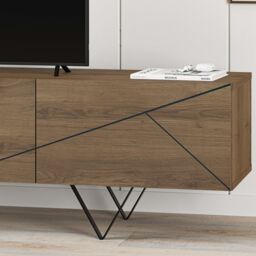 Decortie Jakomen' Modern TV Unit 3-Door Storage TV Cabinet with Metal V-Shaped Legs in Dark Brown - Size: 1 Pack - thumbnail 3