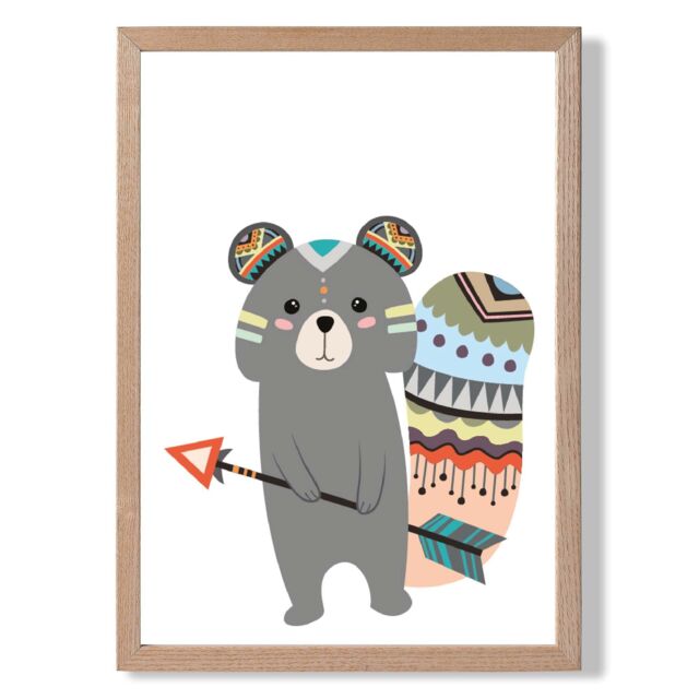 ARTZE Grey Squirrel Tribal Animal Framed Print SIZE: A4 with Oak Frame - Size: A2 - image 1