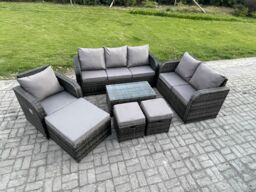 Fimous Outdoor Garden Furniture Sets 7 Pieces Wicker Rattan Furniture Sofa Sets with Rectangular Coffee Table Loveseat Sofa 3 Footstools in Dark Grey - thumbnail 2