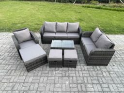 Fimous Outdoor Garden Furniture Sets 7 Pieces Wicker Rattan Furniture Sofa Sets with Rectangular Coffee Table Loveseat Sofa 3 Footstools in Dark Grey - thumbnail 1