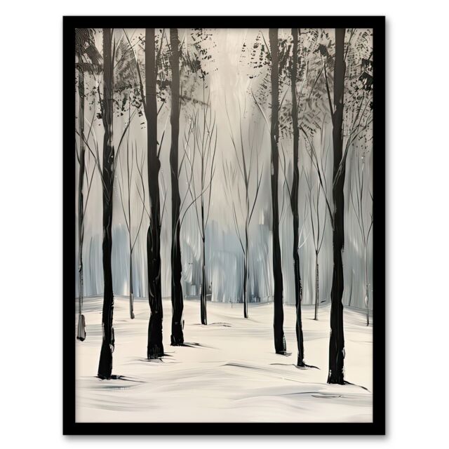 Artery8 White Winter Morning Forest Oil Painting Serene Framed Art Print in Grey - Size: A4 - image 1