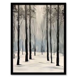 Artery8 White Winter Morning Forest Oil Painting Serene Framed Art Print in Grey - Size: A4 - thumbnail 1