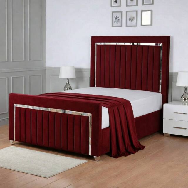 Living Comfort Bedz Chrome Edge Upholstered Slatted Base Bed with 48 Inch Headboard in Maroon - Size: Small Double - image 1
