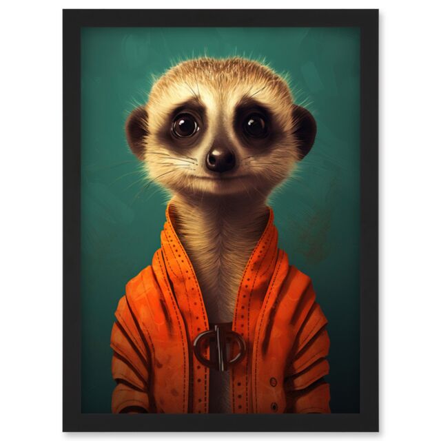 Artery8 Wall Art Print Meercat Portrait Orange Quilted Jacket on Teal Background Modern Artwork Framed A4 in Black - image 1