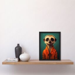 Artery8 Wall Art Print Meercat Portrait Orange Quilted Jacket on Teal Background Modern Artwork Framed A4 in Black - thumbnail 2