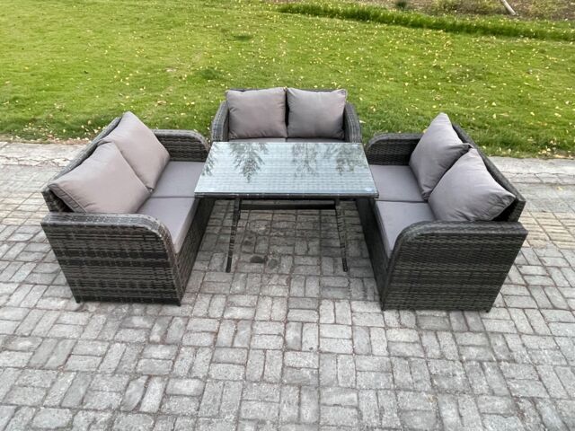 Fimous Rattan Garden Furniture Set 6 Seater Patio Outdoor Love Sofa Set with Rectangular Dining Table Dark Grey Mixed - image 1