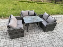 Fimous Rattan Garden Furniture Set 6 Seater Patio Outdoor Love Sofa Set with Rectangular Dining Table Dark Grey Mixed - thumbnail 2