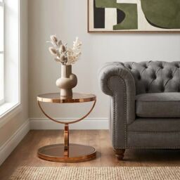 Orsina Round Side Table, Rose Gold Stainless Steel Frame With Smoked Glass Base, Accent Table For Living Room - thumbnail 3