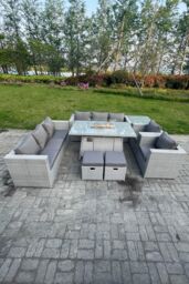 Fimous Rattan Fire Pit Set Gas Heater Burner Lounge Sofa Dining Set Coffee Table Chairs Stool in Light Grey - thumbnail 3