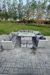 Fimous Rattan Fire Pit Set Gas Heater Burner Lounge Sofa Dining Set Coffee Table Chairs Stool in Light Grey - thumbnail 1