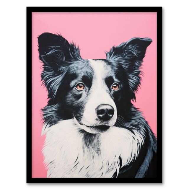 Artery8 Wall Art Print Border Collie Pastel Pink Screen Risograph Artwork Spot Block Colour Duotone Retro Riso Interior Design Art Framed - Size: A4 - image 1