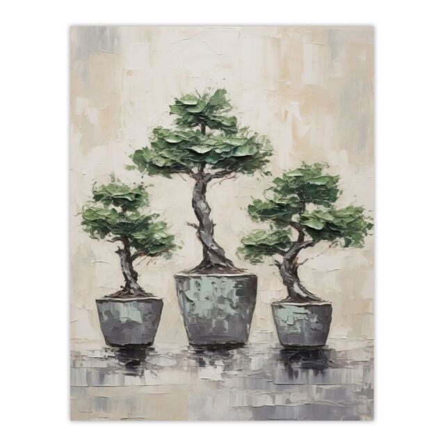 Artery8 My 3 Bonsai Trees Oil Painting Pallet Knife Neutral Tone Textured Tree Artwork Unframed Wall Art Print Poster Home Decor Premium - image 1