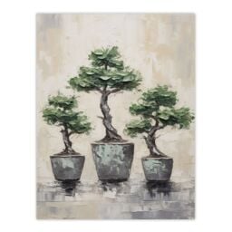 Artery8 My 3 Bonsai Trees Oil Painting Pallet Knife Neutral Tone Textured Tree Artwork Unframed Wall Art Print Poster Home Decor Premium - thumbnail 1