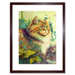 "Artery8 Wall Art Print Siberian Cat in Nature Vibrant Colourful Modern Portrait Artwork Framed 9X7 Inch in Brown - Size: W7"" x H9""" - thumbnail 1