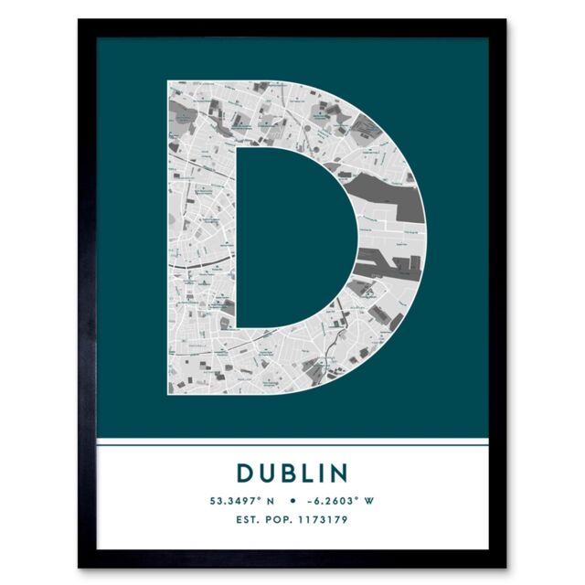 "Wee Blue Coo Wall Art Print Dublin Ireland City Map Modern Typography Stylish Letter Framed Word in Teal - Size: W12"" x H16""" - image 1