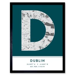 "Wee Blue Coo Wall Art Print Dublin Ireland City Map Modern Typography Stylish Letter Framed Word in Teal - Size: W12"" x H16""" - thumbnail 1