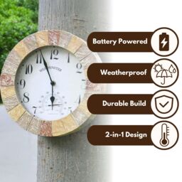 Marco Paul Stone Slates Westminster 26cm Garden Clock & Thermometer Outdoor/Indoor - thumbnail 5