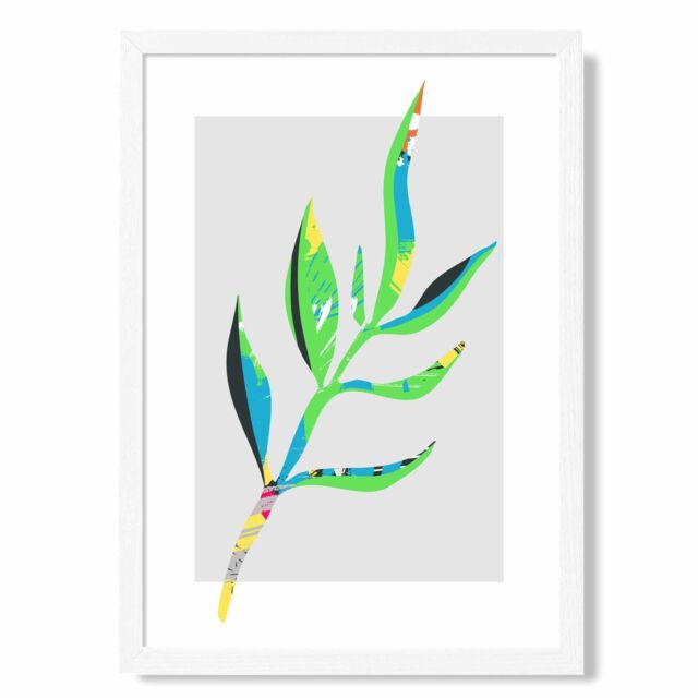 ARTZE Papyrus Leaf Blue & Green Abstract Minimalist Framed Print SIZE: A2 with White Frame in Mid Blue - image 1
