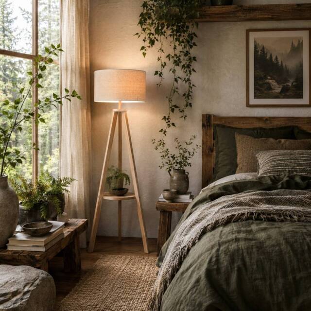 Wyld Haus Laravi Natural Wood Tripod Floor Lamp Linen Shade & Shelf 154cm in Cream - image 1