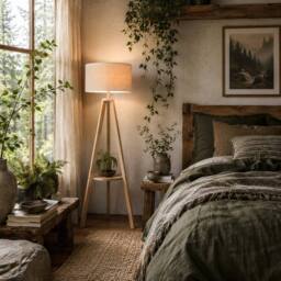Wyld Haus Laravi Natural Wood Tripod Floor Lamp Linen Shade & Shelf 154cm in Cream