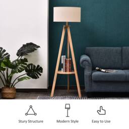 Wyld Haus Laravi Natural Wood Tripod Floor Lamp Linen Shade & Shelf 154cm in Cream - thumbnail 6