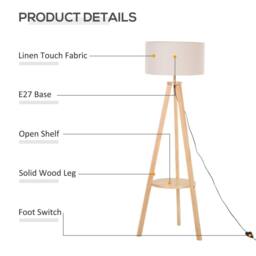 Wyld Haus Laravi Natural Wood Tripod Floor Lamp Linen Shade & Shelf 154cm in Cream - thumbnail 5