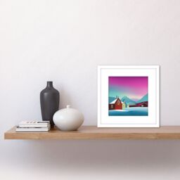 Artery8 Purple Sky Northern Lights Sweden Snow Mountain Lake Vibrant Sky Square Wooden Framed Wall Art Print Picture 8X8 Inch in White - thumbnail 2