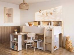 Vente-unique Combined Bed 90 X 200 Cm With Desk & Storage - White & Natural in Light Oak - Size: Single - thumbnail 3