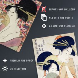 Artery8 Set of 3 Kitagawa Women Japanese Ukiyo-e Pink Blue Wall Art Prints in Beige - Size: A3 - thumbnail 4