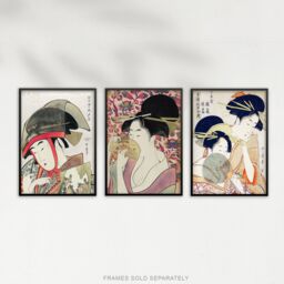 Artery8 Set of 3 Kitagawa Women Japanese Ukiyo-e Pink Blue Wall Art Prints in Beige - Size: A3 - thumbnail 5