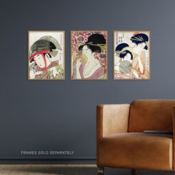 Artery8 Set of 3 Kitagawa Women Japanese Ukiyo-e Pink Blue Wall Art Prints in Beige - Size: A3 - thumbnail 2