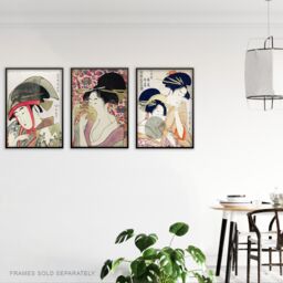 Artery8 Set of 3 Kitagawa Women Japanese Ukiyo-e Pink Blue Wall Art Prints in Beige - Size: A3 - thumbnail 3