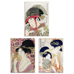 Artery8 Set of 3 Kitagawa Women Japanese Ukiyo-e Pink Blue Wall Art Prints in Beige - Size: A3 - thumbnail 1