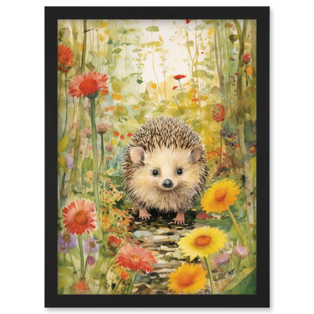 Artery8 Wall Art Print Adorable Hedgehog in a Wildflower Meadow Watercolour Painting Kids Bedroom Cute Woodland Creature Artwork Framed A4 in Black - image 1