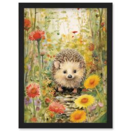Artery8 Wall Art Print Adorable Hedgehog in a Wildflower Meadow Watercolour Painting Kids Bedroom Cute Woodland Creature Artwork Framed A4 in Black - thumbnail 1