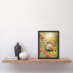 Artery8 Wall Art Print Adorable Hedgehog in a Wildflower Meadow Watercolour Painting Kids Bedroom Cute Woodland Creature Artwork Framed A4 in Black - thumbnail 2