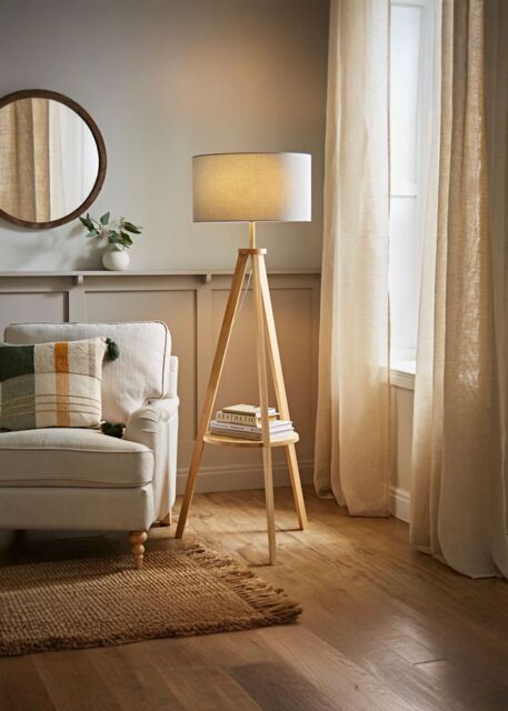 ValueLights Morrigan Natural Wood Tripod Floor Lamp & Fabric Drum Shade & Bulb in Grey - image 1