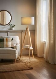 ValueLights Morrigan Natural Wood Tripod Floor Lamp & Fabric Drum Shade & Bulb in Grey
