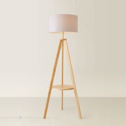 ValueLights Morrigan Natural Wood Tripod Floor Lamp & Fabric Drum Shade & Bulb in Grey - thumbnail 6