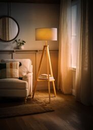 ValueLights Morrigan Natural Wood Tripod Floor Lamp & Fabric Drum Shade & Bulb in Grey - thumbnail 2