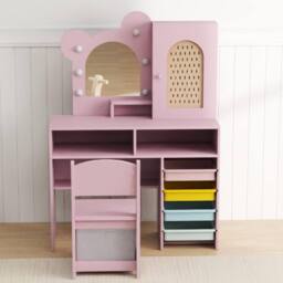 Costway Kids Princess Vanity Table & Chair Set with 5 Drawers & Lights in Pink - thumbnail 2