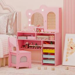 Costway Kids Princess Vanity Table & Chair Set with 5 Drawers & Lights in Pink