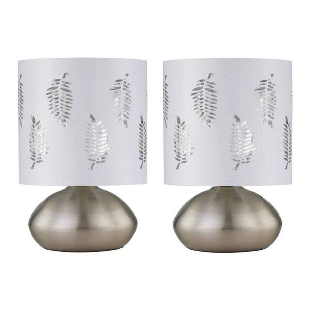First Choice Lighting Set of 2 Jenson - Brushed Chrome Touch Table Lamps White Fern Shade in Silver - image 1