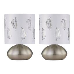First Choice Lighting Set of 2 Jenson - Brushed Chrome Touch Table Lamps White Fern Shade in Silver - thumbnail 1