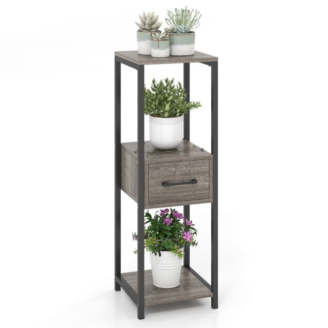 Costway 3 Tier Tall Metal Plant Stand Indoor Plant Table Display Shelf w/ Drawer in Grey - image 1