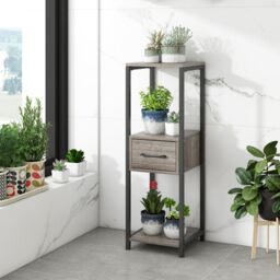 Costway 3 Tier Tall Metal Plant Stand Indoor Plant Table Display Shelf w/ Drawer in Grey - thumbnail 4