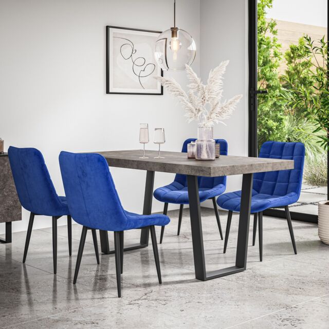 More4Homes Aria Dining Table & Chairs - Concrete Effect Table Top w Black Legs + Nova Velvet Dining Chair Set Of 4 in Blue - image 1