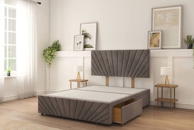 "Sloomy Amberley Naples Divan Bed Base 2 Drawers Right Side With 26"" Strutted Headboard & 12"" Matching Footboard in Grey - Size: Small Single" - image 1