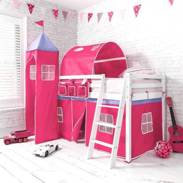 Nöa and Nani Moro Cabin Bed Midsleeper with Pink Tent, Tower & Tunnel in White - Size: Single - image 1