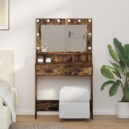 Berkfield Home Makeup Table with LED Lights - Smoked Oak 79x41x135 cm in Brown - Size: 79 x 41 x 135 cm - thumbnail 1